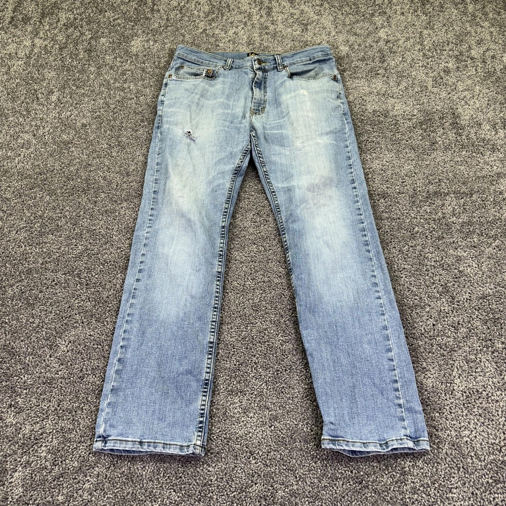 Lee Jeans Mens 32x30 Blue Classic Fit Straight Light Wash Denim Distressed